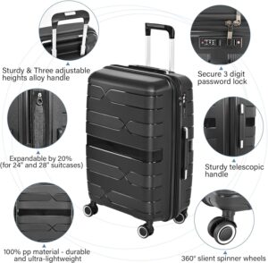 AROGAN 3 Piece Luggage Sets, Hard Shell Suitcase with Spinner Wheels, PP Features